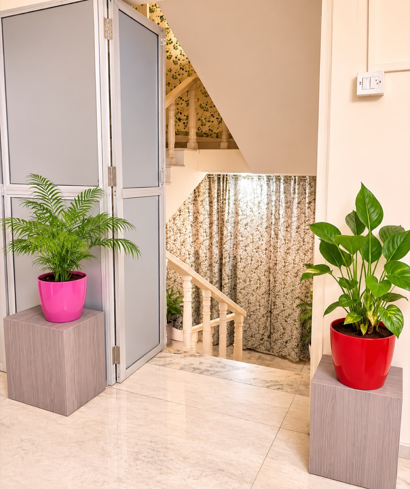Foyer with staircase and plants